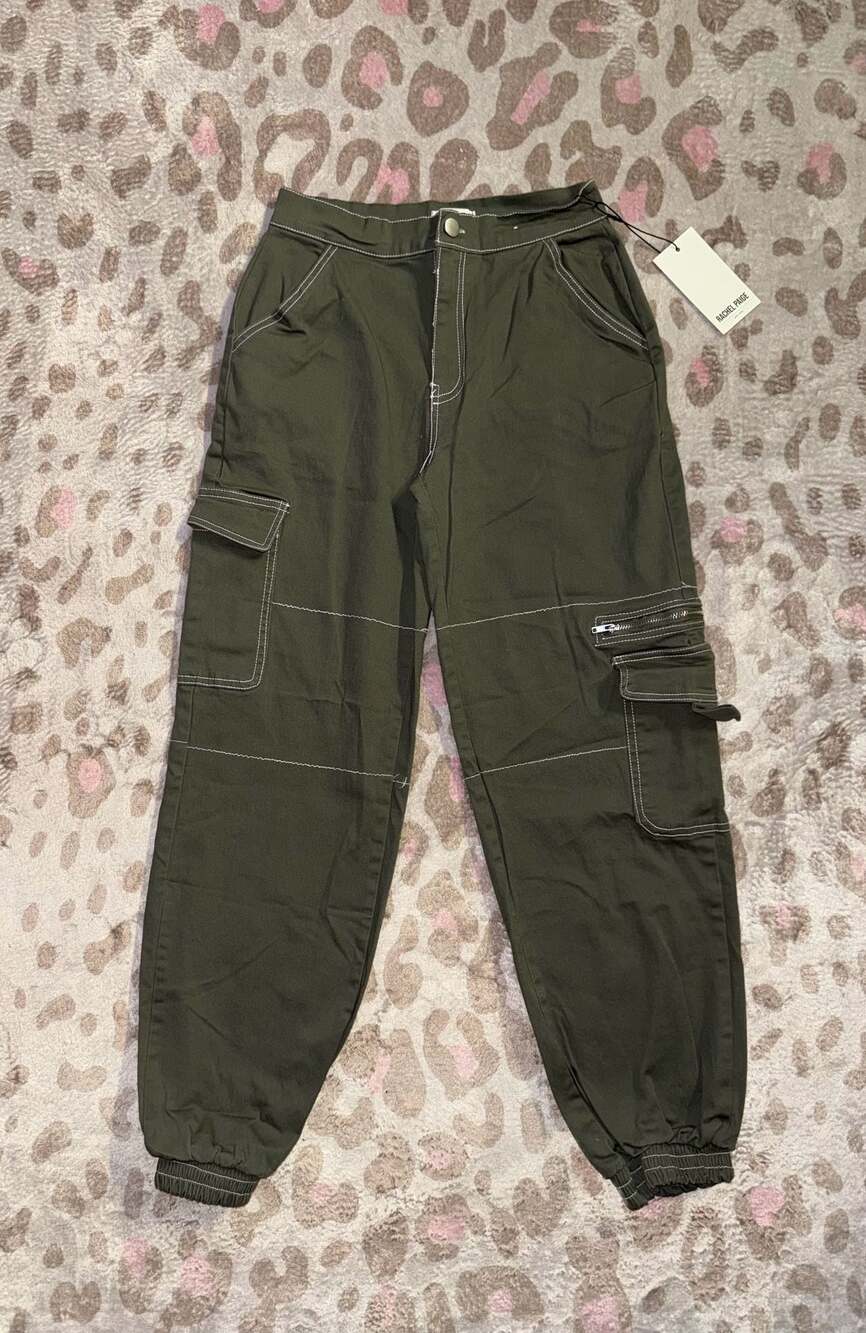 Rachel Paige Olive Green Cargo Jogger Pants with Contrast Stitching